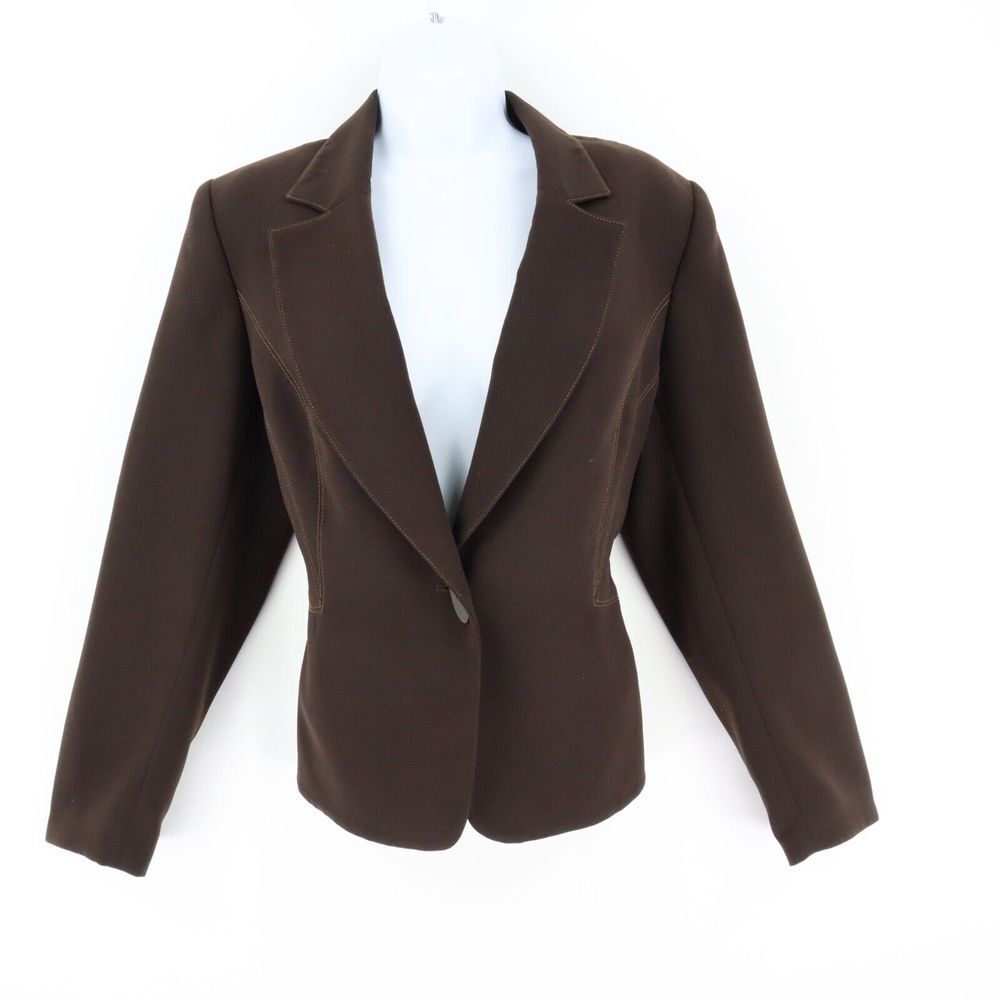 JH Collection Blazer Womens Sz 12 Brown 100% Polyester Shoulder Pads One Button